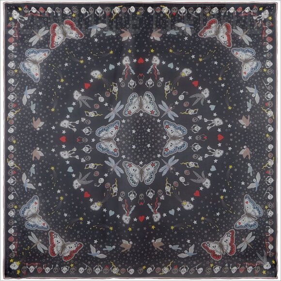 ALEXANDER MCQUEEN black sheer butterfly PARTY SKULL print 52"-square scarf shawl - Picture 1 of 6